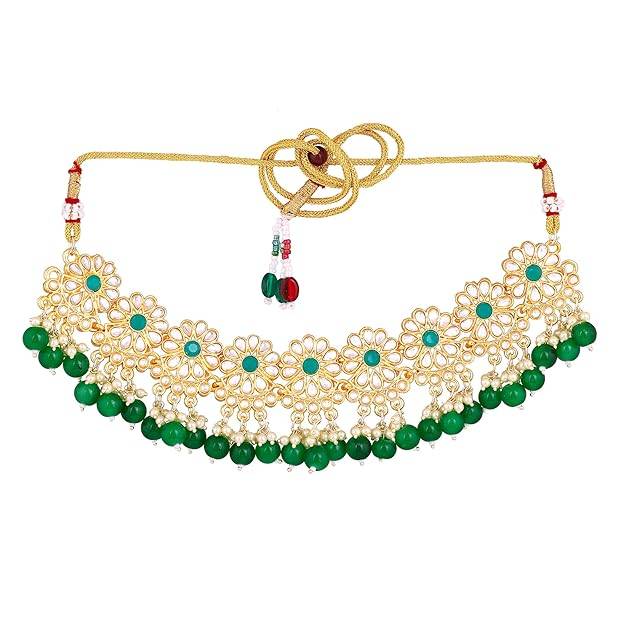 Estele Gold Plated Marvelous Gehena Necklace Set & Maang Tikka With Green Beads For Women : PJ-040-IGGNNKERTK