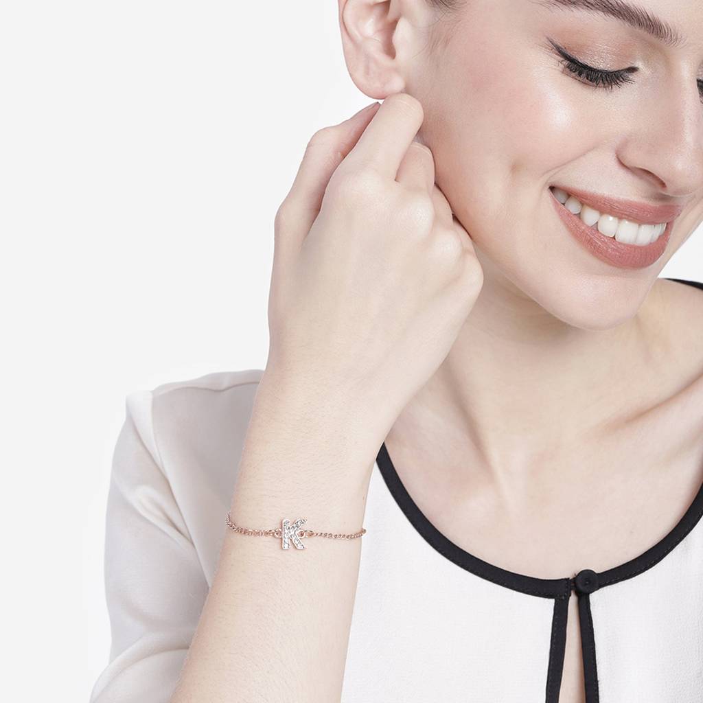 Estele Rosegold Plated Captivating Medium 'K' Letter Bracelet With Crystals For Women : 102178-RG-KBR