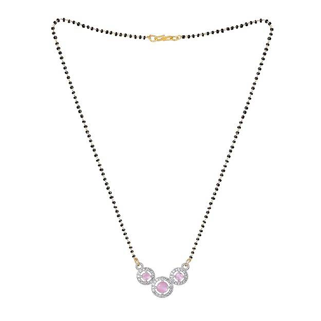 Gold & Rhodium Plated Lavish Trio Circular Pendant Mangalsutra Chain With Black Beads & White Crystals Fo : OSAKMS007-2TNMPNK