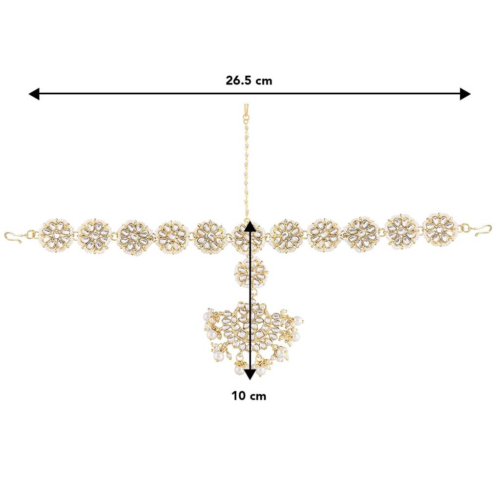 Gold Plated Traditional Floral Kundan Pearl Studded Rajasthani Style Maangtikka Sheeshpatti Sheeshphool Mathapatt : PF37T2066W