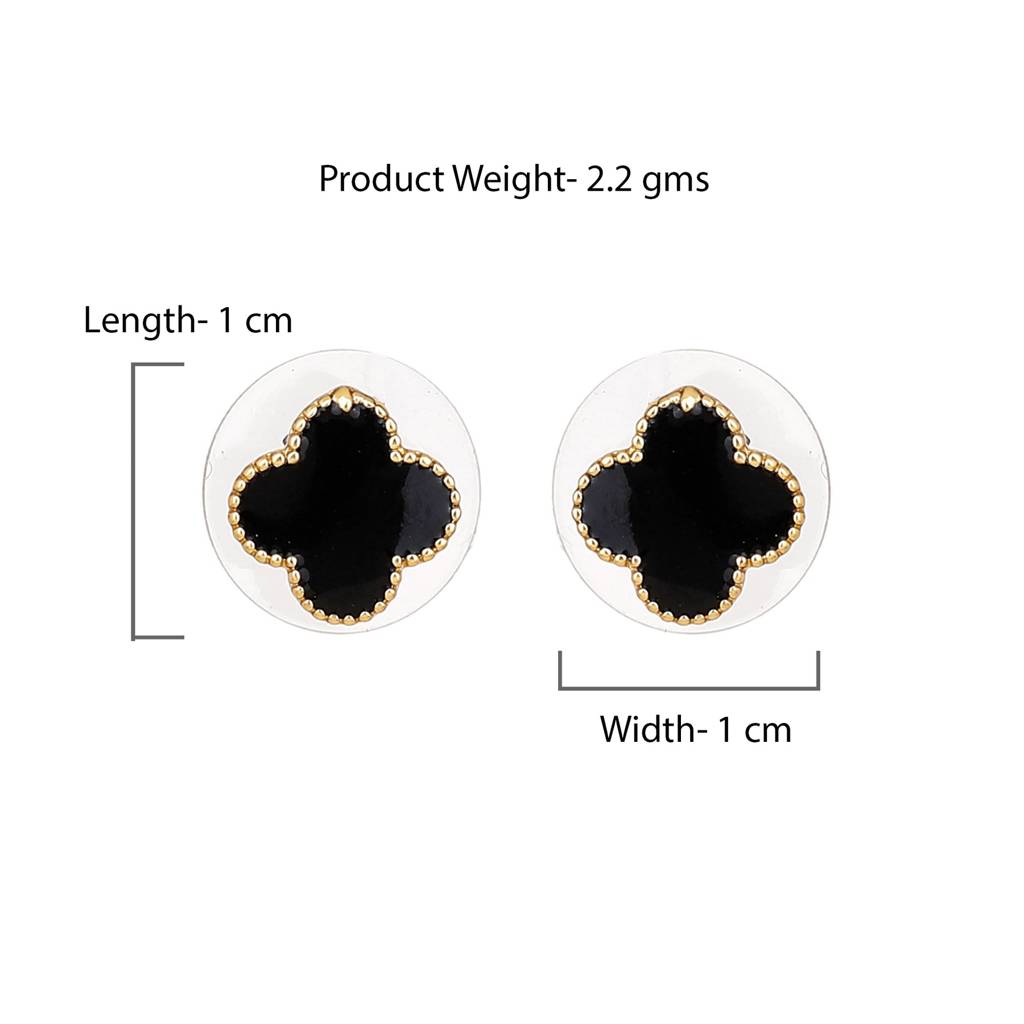 Estele Gold Plated Clover Designer Black Enamel Stud Earrings : 654704ER
