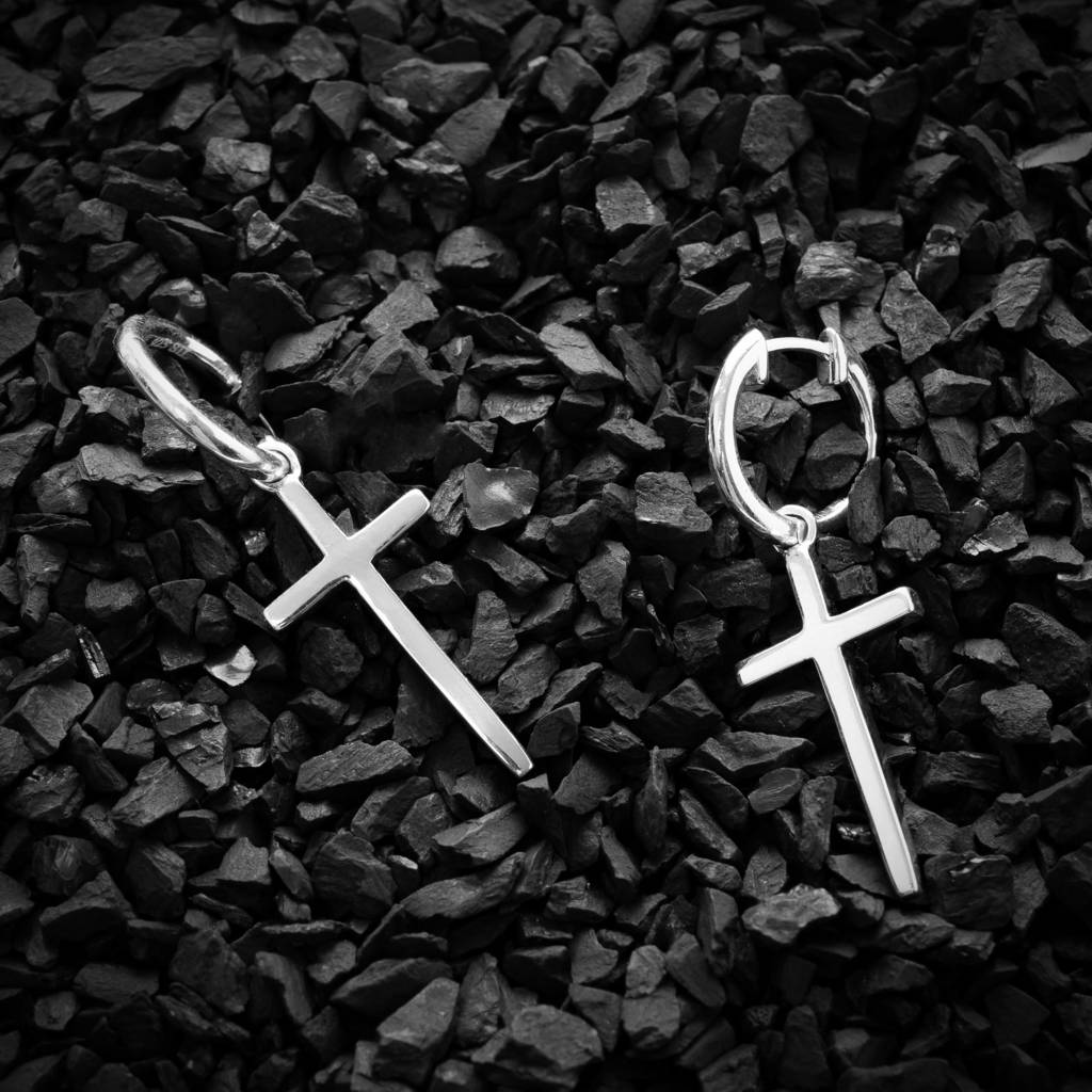 925 Silver Cross Hoop Earrings | Minimalist Christian Dangle Hoops For Women : SE_000690