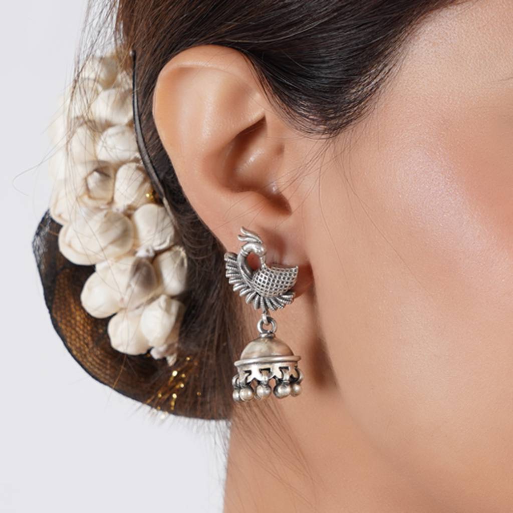 Intricately Carved Peacock Studs With Jhumkis Drops : SSE770