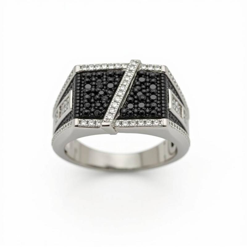 Black & White Stones In A Multi-Faceted Moissanite Ring : TGDMR-14-R-23
