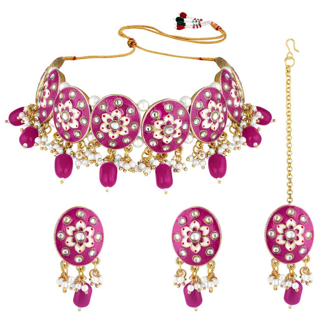 Gold Plated Rani Pink Meenakari Enamel Choker Necklace With Earring Maang Tikka Fashion Jewellery Set For Women G : PF27N666RP