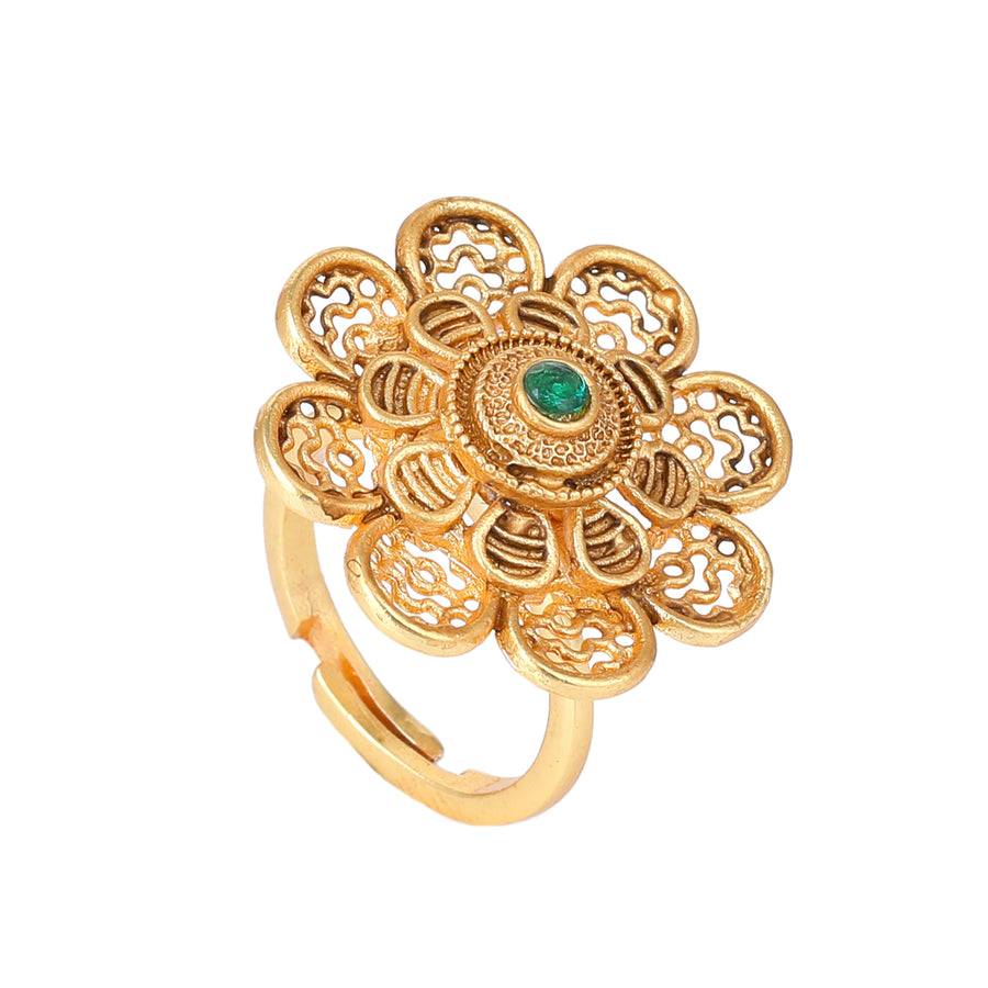 Estele Gold Plated Blossom Matte Finish Finger Ring With Green Crystals For Women : AD-149-IGGNRING