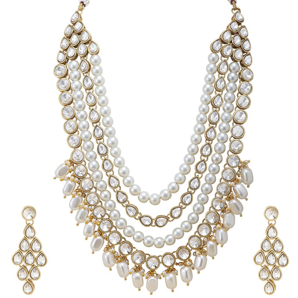 Gold Plated Kundan Long Necklace Earring Indian Traditional Jewellery Set For Women Girls-Pf24N16 : PF24N16W