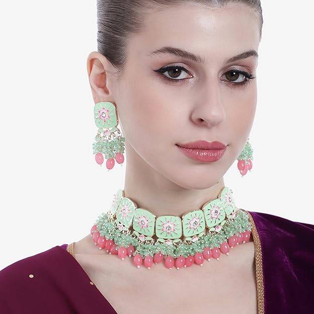 Estele Gold Plated Beautiful Gehena Choker Necklace Set With Mint Pink & Green Beads For Women : PJ-032-IGMGMPNKER