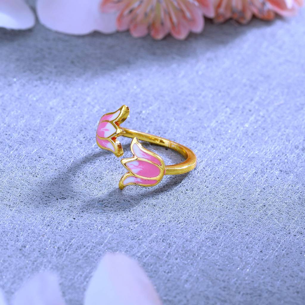 Estele Gold Plated Pink Enamel Lotus Designer Stylish Adjustable Finger Ring For Girl'S & Women : AD-143-IGRING
