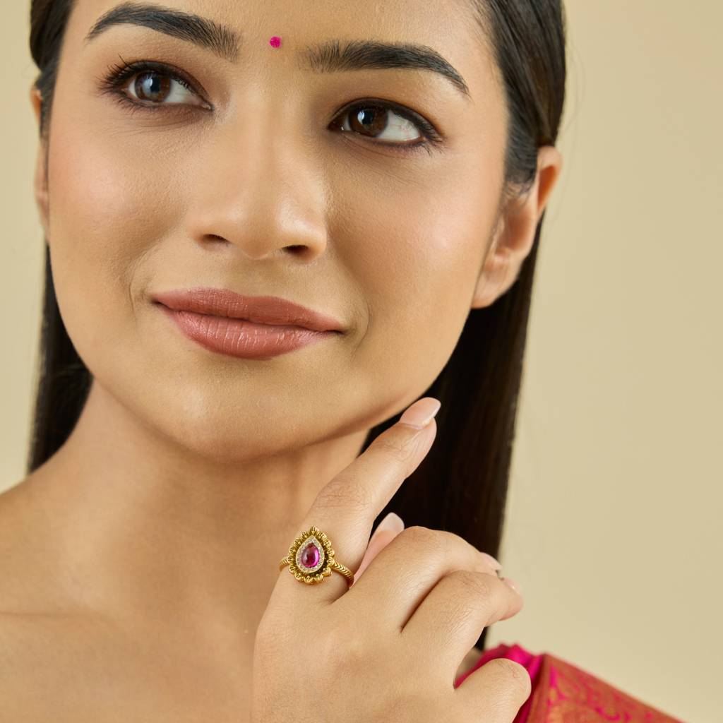Ruby Gold-Plated Ethnic Antique Finger Ring-436411 : 436411