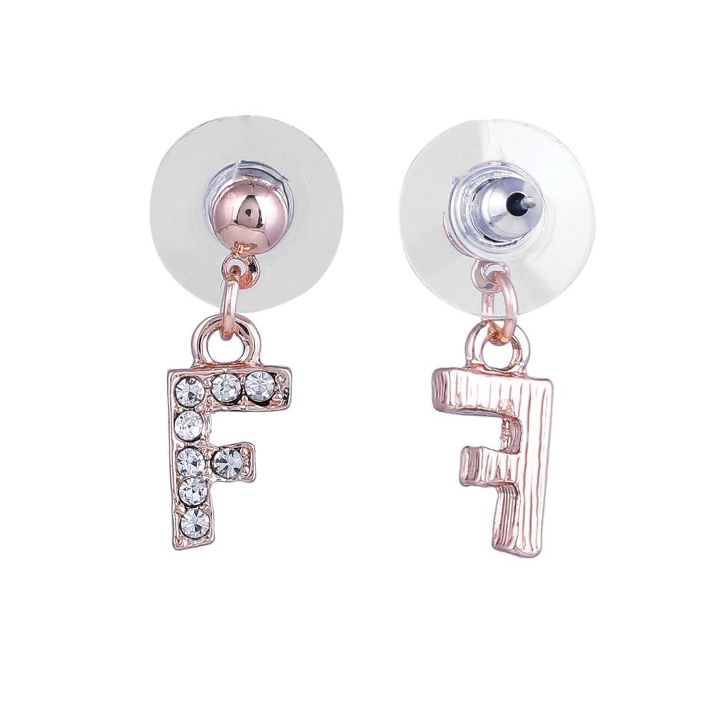 Estele Rosegold Plated Magnificent Medium 'F' Letter Earrings With Crystals For Women : 801701-RG-FER