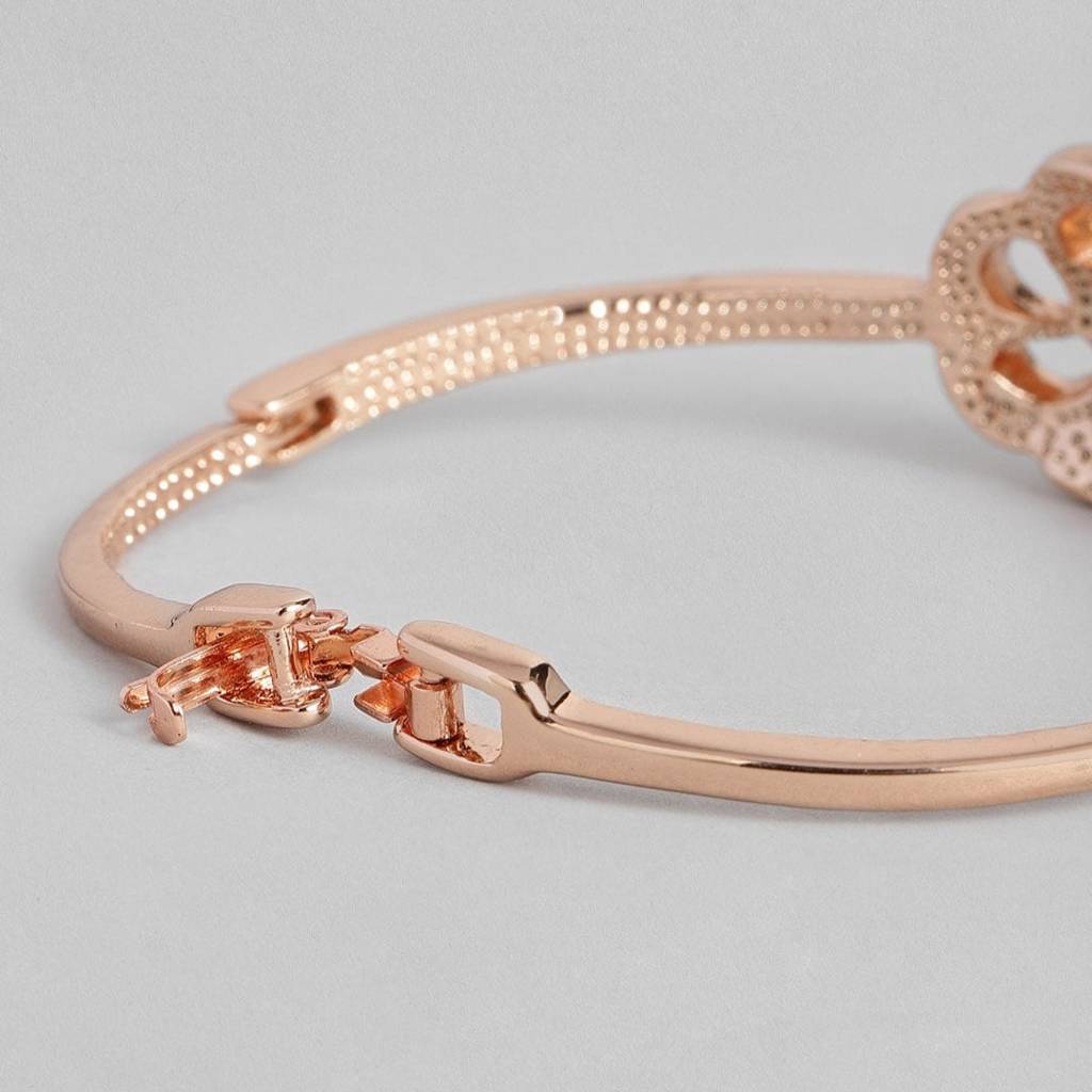 Estele Rosegold Plated Flower Designer Cuff Bracelet With Black, White Enamel & Crystals For Women : 101871BR