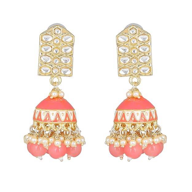 Estele Gold Plated Elegant Gehena Jhumka Earrings With Mint Pink Beads For Women : PJ-008-IGMPER