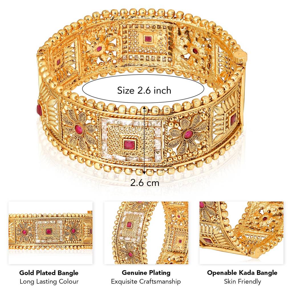 Gold Plated Synthetic Stone Studded Thick Single Piece Openable Bangle Kada Traditional Jewellery For Women (S : PF74B107-S1-6