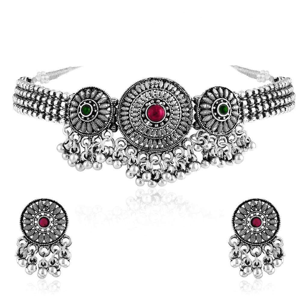 Silver Plated Rani Pink Green Synthetic Stone Studded Necklace Dangle Earrings Oxidized Jewellery Set For Wom : PF04NK11178RPG