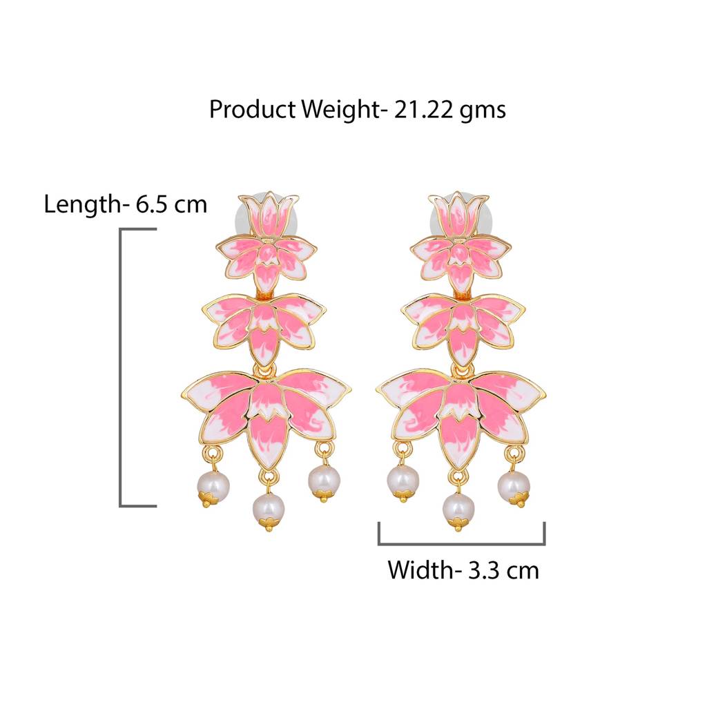 Estele Gold Plated Pink Enamel Lotus Designer Ravishing Pearl Drop Dangler Earrings For Girl'S & Women : 799701-IGER