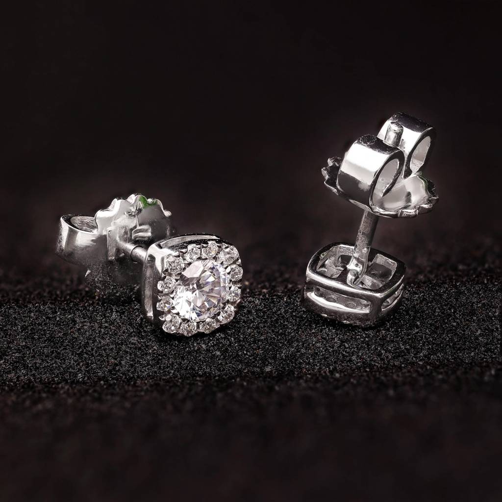 925 Silver Square Halo Cz Stud Earrings | Sparkly Gift For Mother Or Sister Jewelry : SE_000736