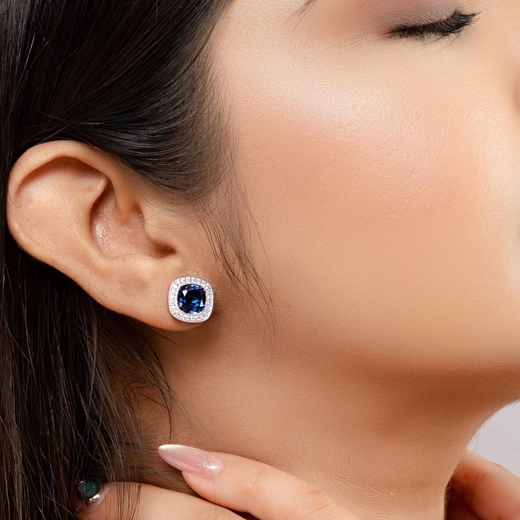 925 Silver Blue Sapphire Cushion Cut Stud Earrings Â Elegant Halo Gift For Wife : SE_000604