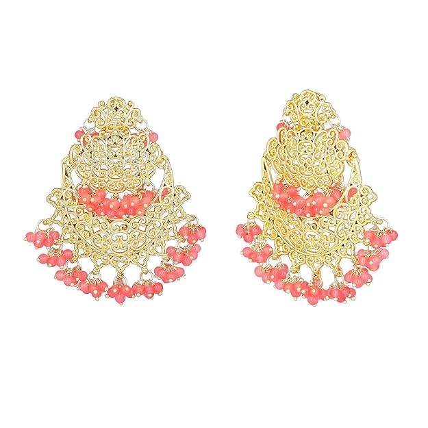 Estele Gold Plated Trellis Gehena Chandbali Earrings With Mint Pink Beads For Women : PJ-007-IGMPER