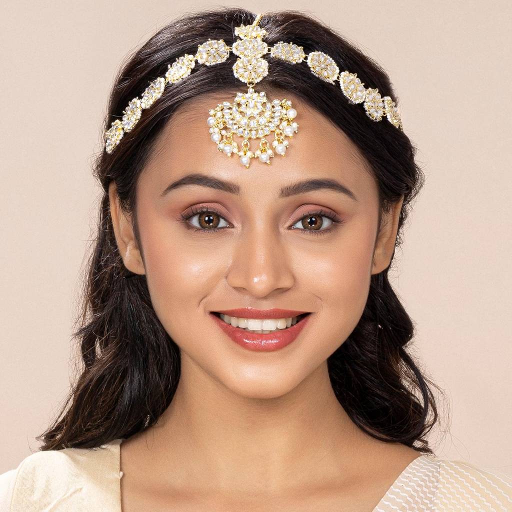 Gold Plated Traditional Floral Kundan Pearl Studded Rajasthani Style Maangtikka Sheeshpatti Sheeshphool Mathapatt : PF37T2066W