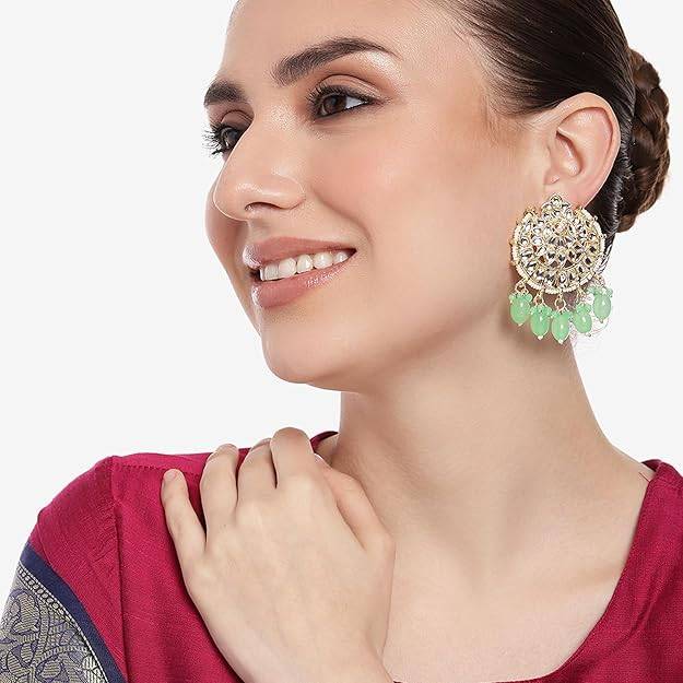 Estele Gold Plated Beautiful Gehena Drop Earrings With Mint Green Beads For Women : PJ-010-IGMGER