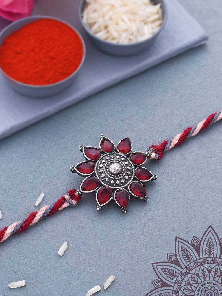Pearl Beaded Lumba & Rakhi Studded With Kundan And Red Stones : 8905124461503