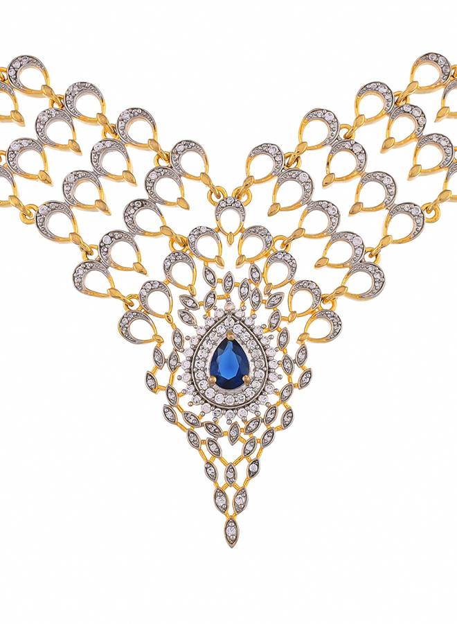Peacock Royal Blue And White Cz Cutwork Design Waterfall Jewellery Set : 8905124514742
