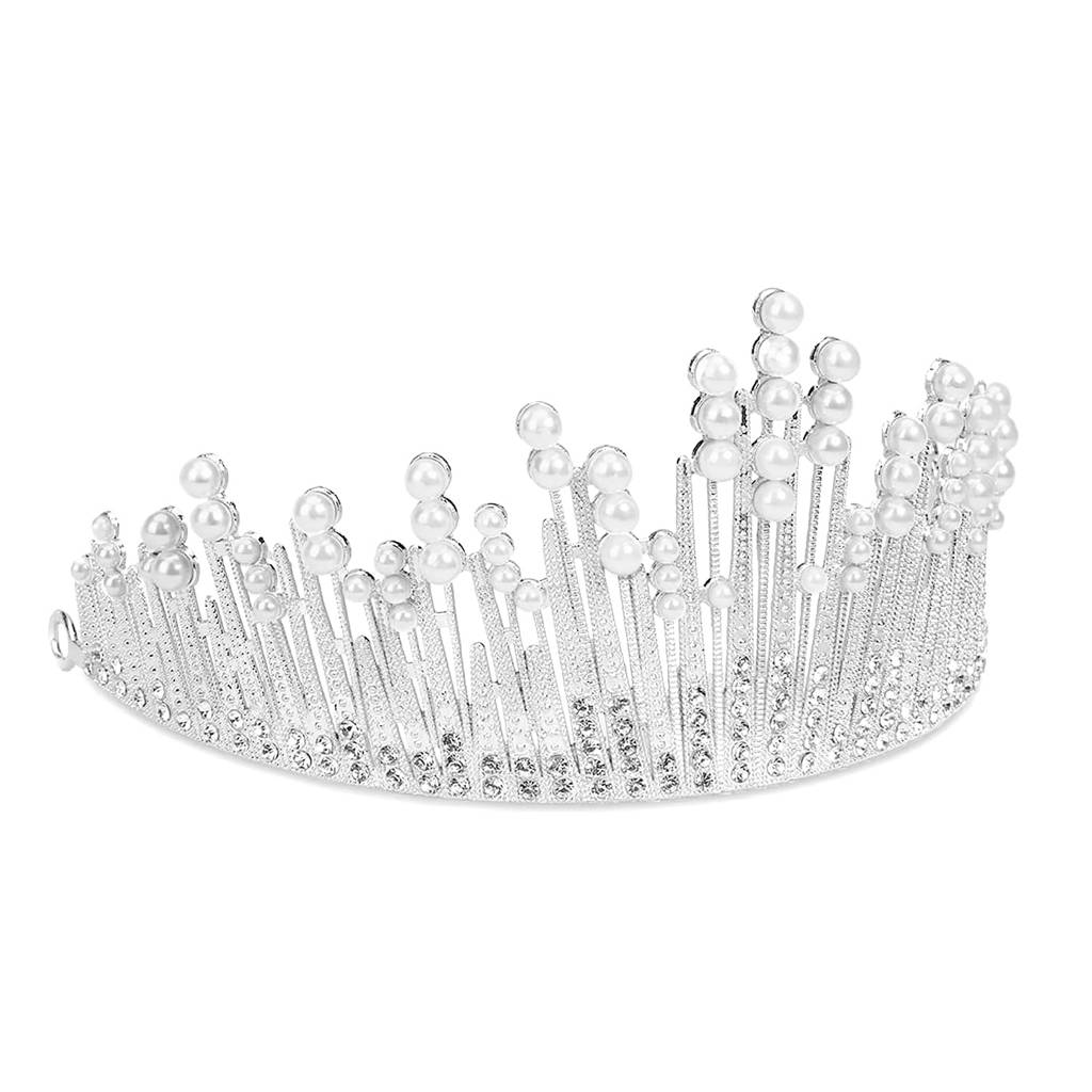 Silver Plated Cubic Zirconia & Pearl Studded Princess Tiara Crown For Girls & Women Birthday Gift Hair Accessories : PX9CW01S
