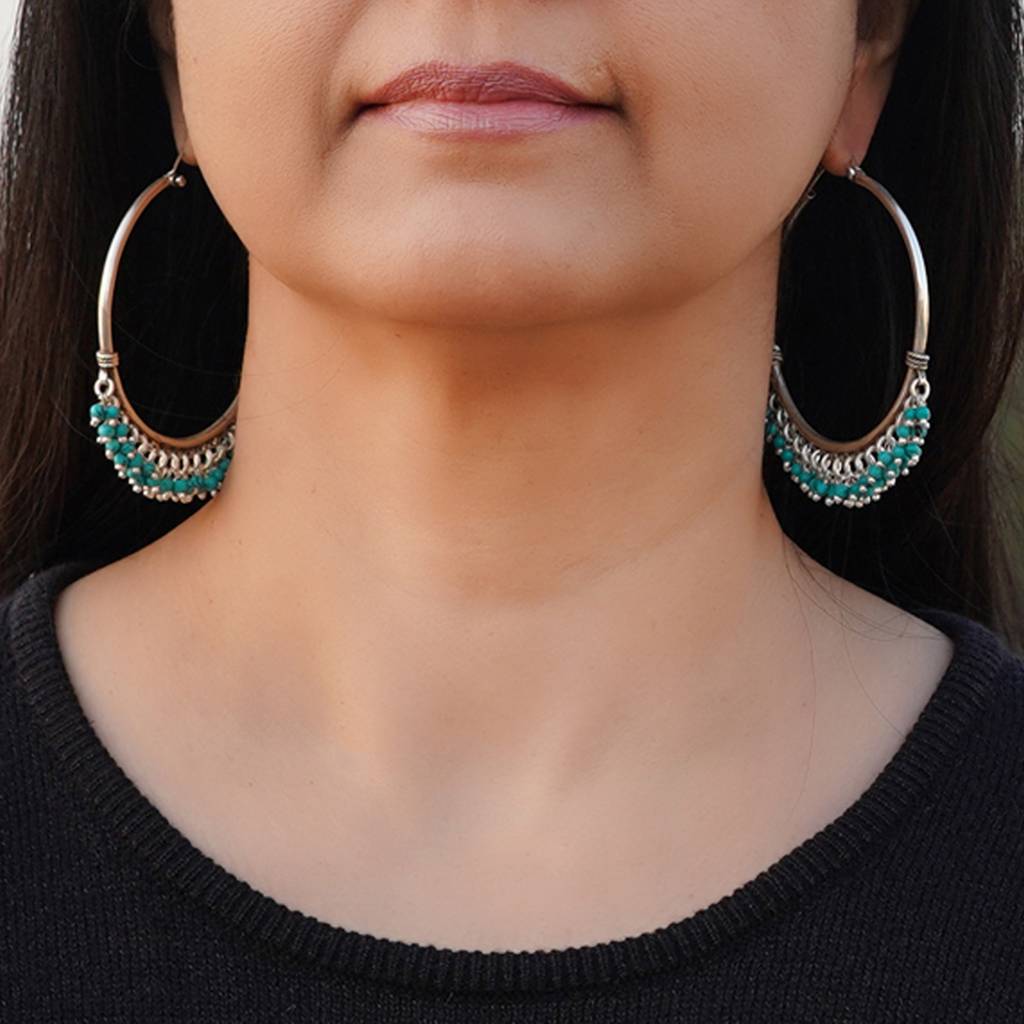Large Silver Turquoise Hoops : SSE667