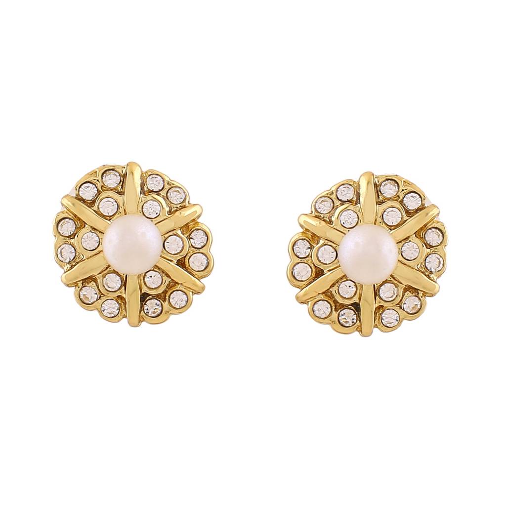 Estele Gold Plated Flower Designer Stud Earrings With Crystals For Women : 696710ER