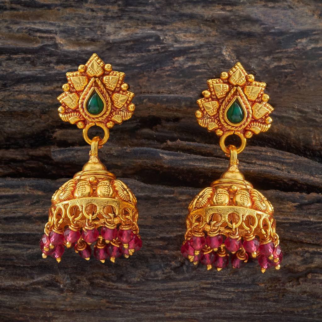 Kushal'S Fashion Jewellery Ruby-Green Gold-Plated Ethnic 92.5 Pure Silver Temple Jhumkas-174157 : 417980