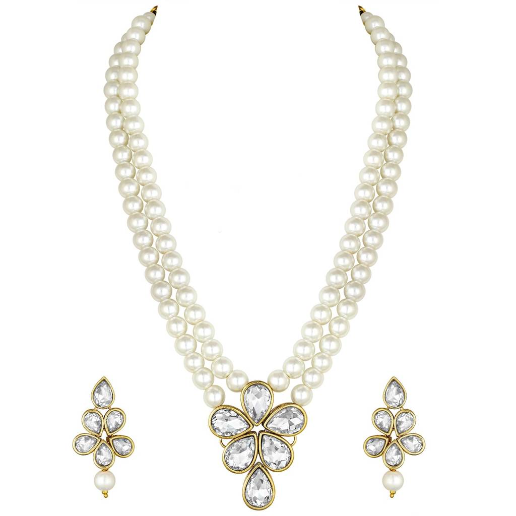 Crystal Faux Pearl Long Necklace With Drop Earrings Traditional Ethnic Jewellery Set For Women Girls-Pf24N184 : PF24N184W