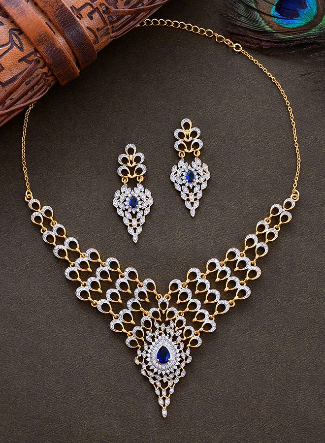 Peacock Royal Blue And White Cz Cutwork Design Waterfall Jewellery Set : 8905124514742