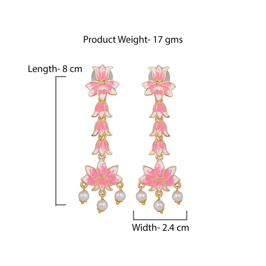 Estele Gold Plated Pink Enamel Lotus Designer Splendid Pearl Drop Dangler Earrings For Girl'S & Women : 799711-IGER
