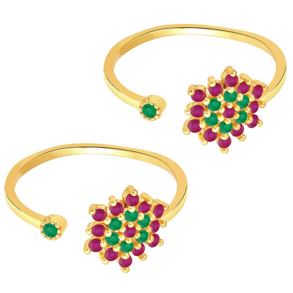 Gold Plated Rani Pink Green Cubic Zirconia Studded Stylish Toe Ring Adjustable Bichiya Fashion Jewellery Gift Fo : PF30TR18RPG