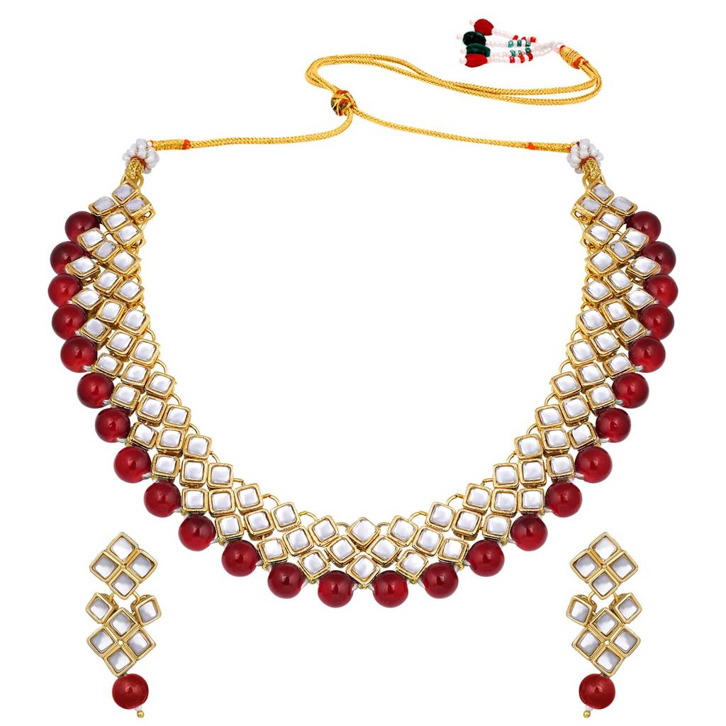 Gold Plated Indian Ethnic Kundan Pearl Fancy Bridal Traditional Choker Necklace Jewellery Set With Earrings For W : PF25N1018M