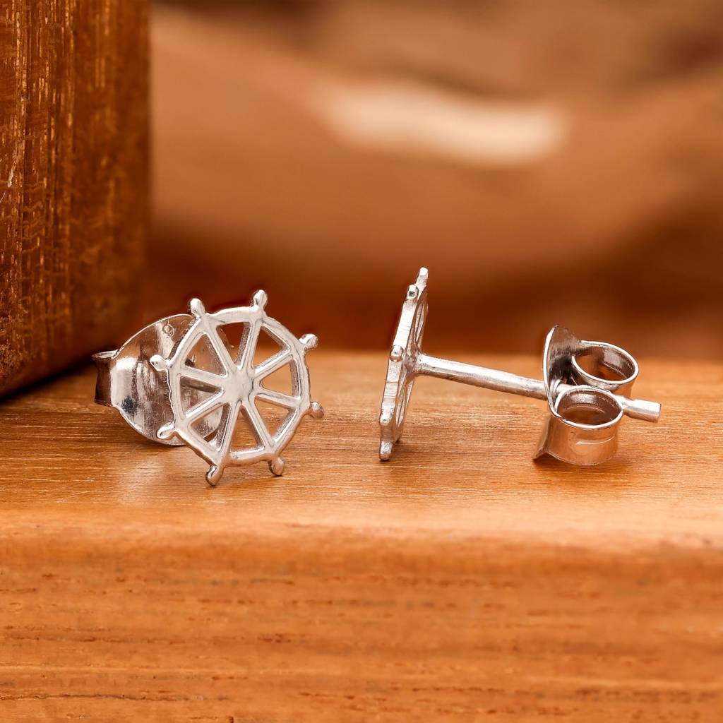 925 Silver Ship Wheel Stud Earrings | Nautical Ocean Lover Gift : SE_000872