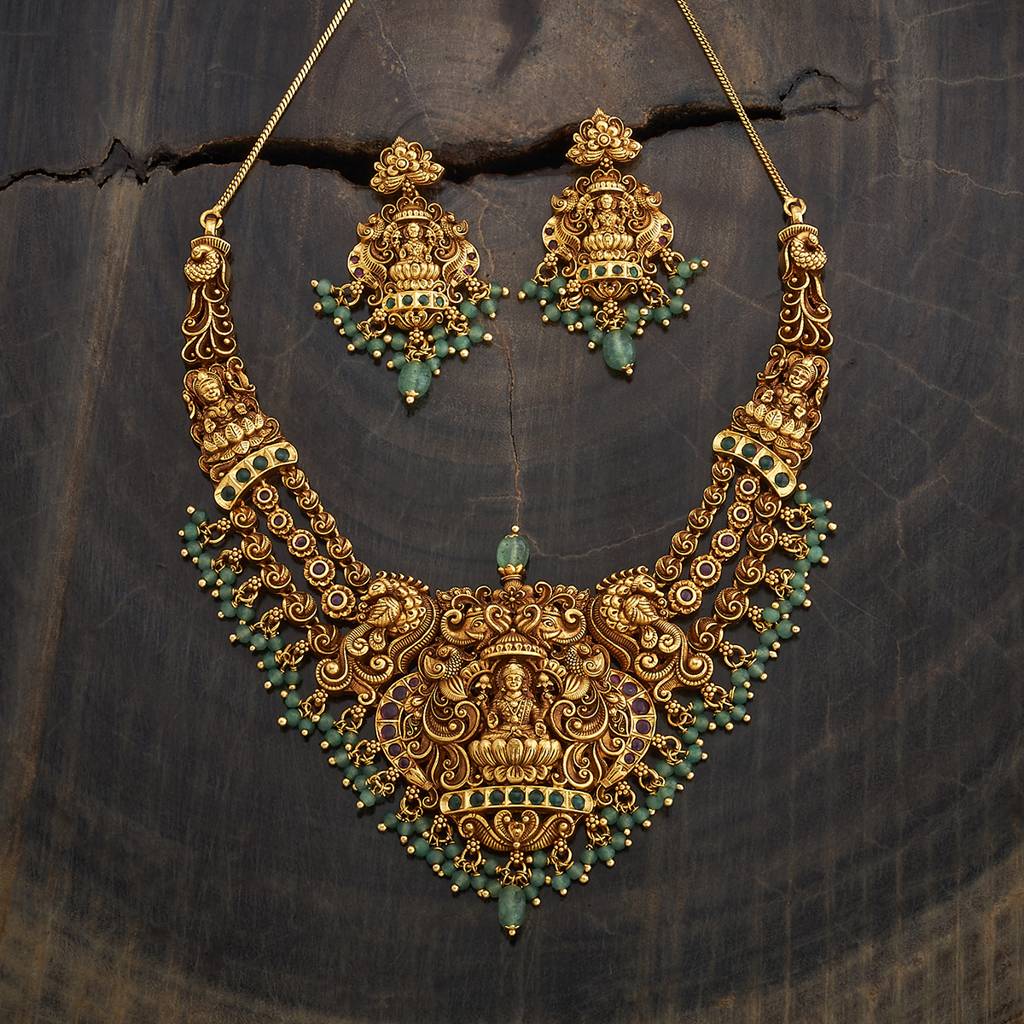 Kushal'S Fashion Jewellery Ruby-Green Gold-Plated Ethnic Antique Jewellery Set -433521 : 433521