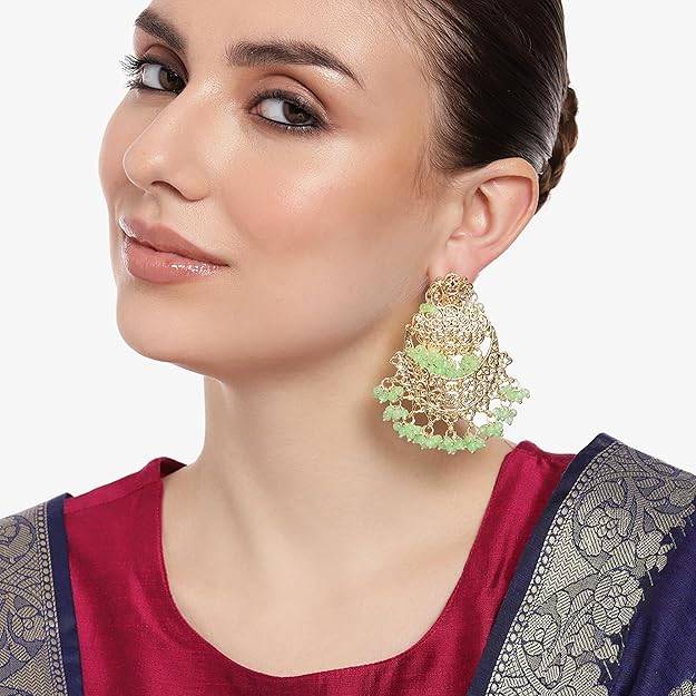 Estele Gold Plated Trellis Gehena Chandbali Earrings With Mint Green Beads For Women : PJ-007-IGMGER