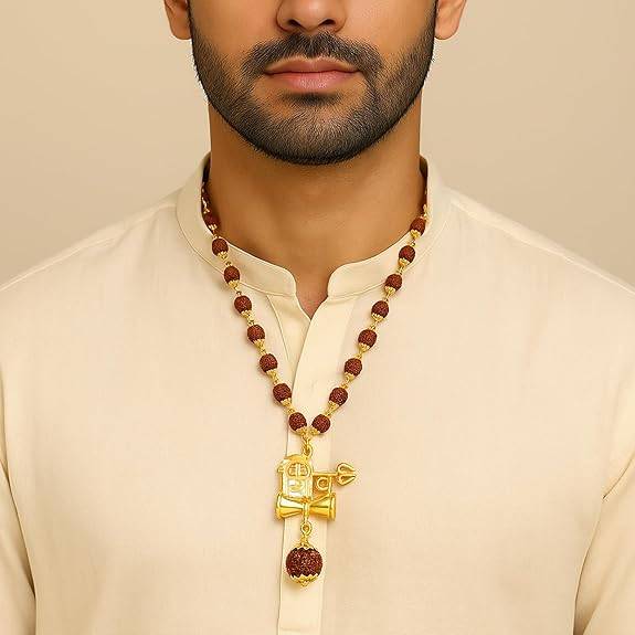 Mahadev Pendant With Trishul Damru Design | Spiritual Rudraksha Mala : OSAK057-IGBRNPENDANT