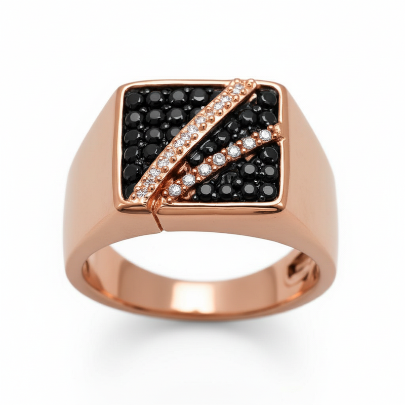 Black & Moissanite Asymmetrical Signet Ring Band : TGDMR-06-R-23