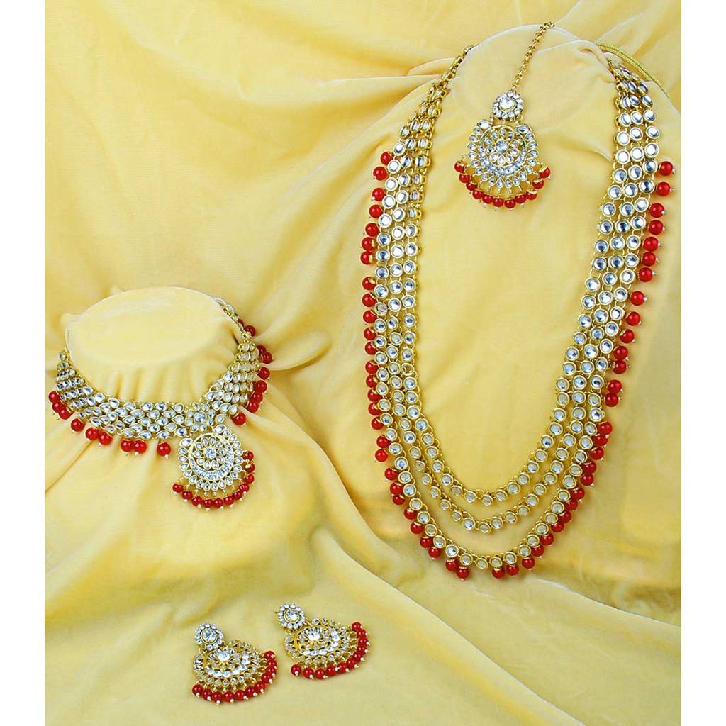 Gold Plated Kundan Faux Bead Bridal Long Necklace Choker Earrings Maangtikka Jewellery Set For Women Girls-Pf25Br : PF25BR106M
