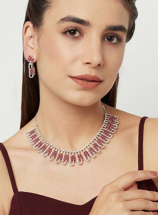 Red And White Cz Gems Silver Plated Necklace Set : 8905124453355