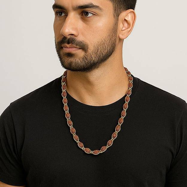 Elegant Gold Tone Rudraksha Mala Necklace Perfect For Devotional & Festive Wear For Men : OSAK015-IGBRNCHAIN