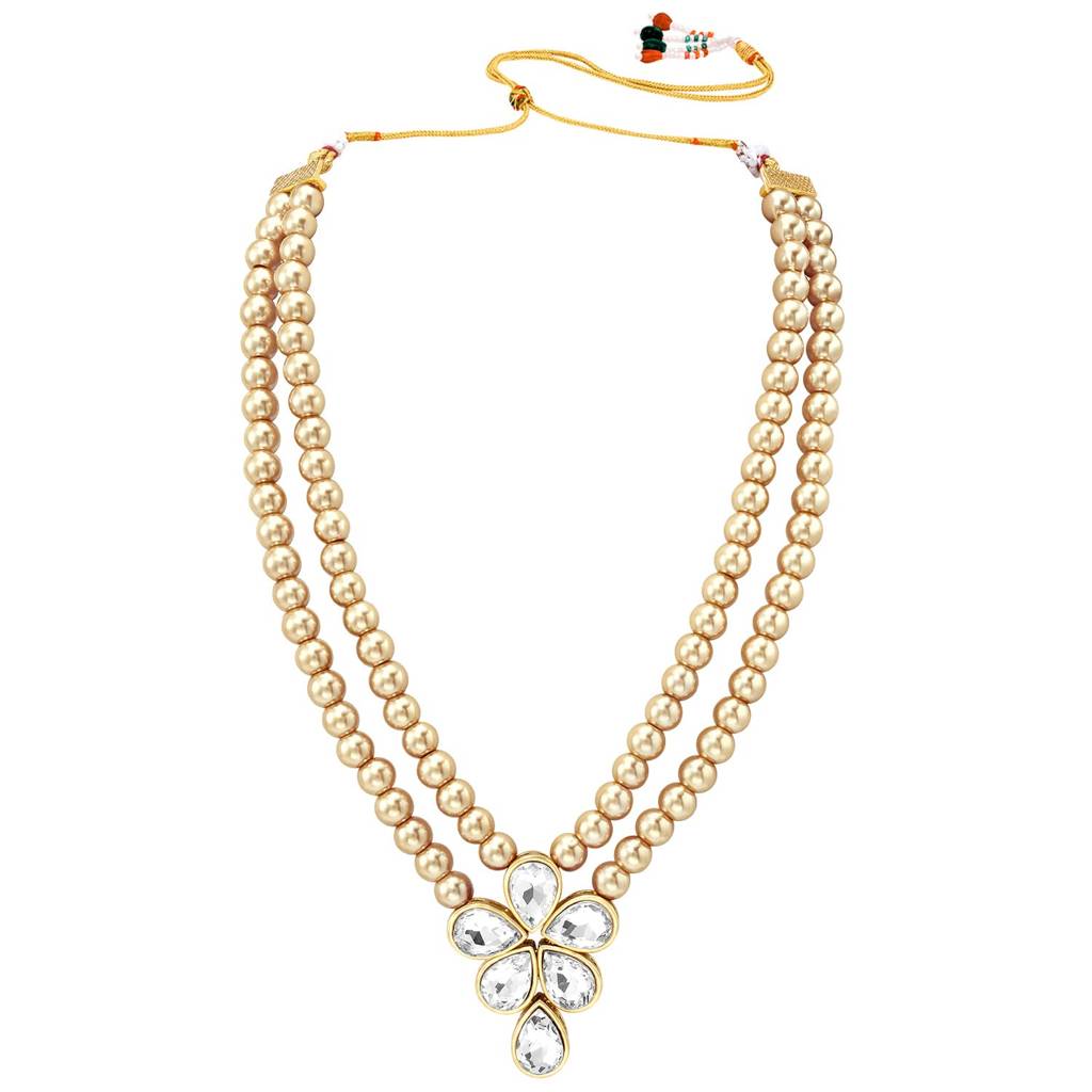 Crystal Faux Pearl Long Necklace With Drop Earrings Traditional Ethnic Jewellery Set For Women Girls-Pf24N184 : PF24N184LCT