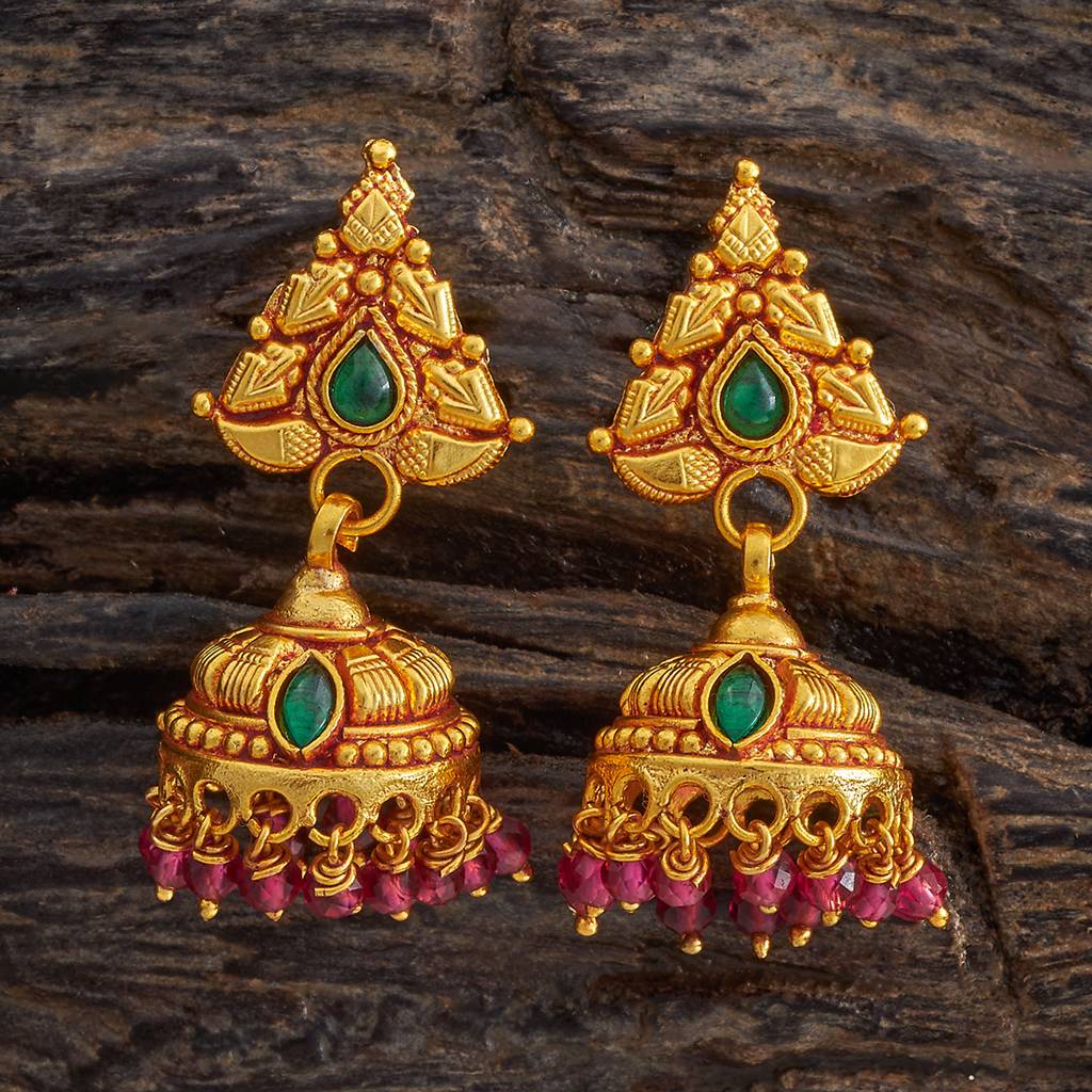 Kushal'S Fashion Jewellery Ruby-Green Gold-Plated Ethnic 92.5 Pure Silver Temple Jhumkas-174159 : 417982