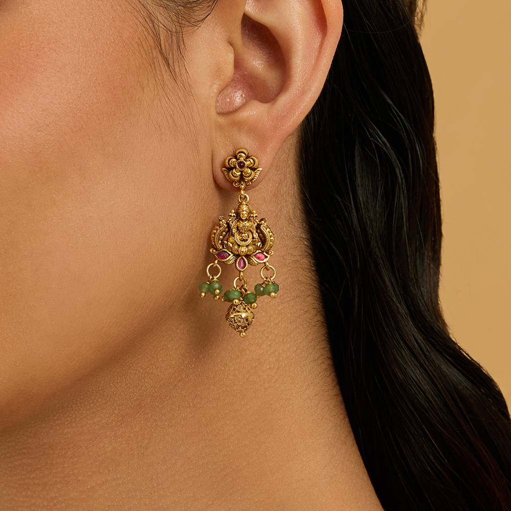 Kushal'S Fashion Jewellery Ruby-Green Gold-Plated Ethnic Antique Earring Drop Earrings-181350 : 433536