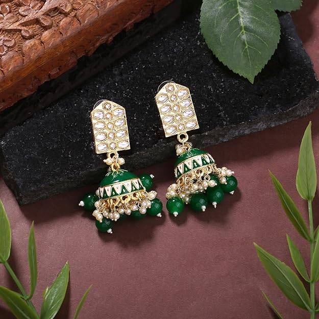 Estele Gold Plated Elegant Gehena Jhumka Earrings With Green Beads For Women : PJ-008-IGGNER