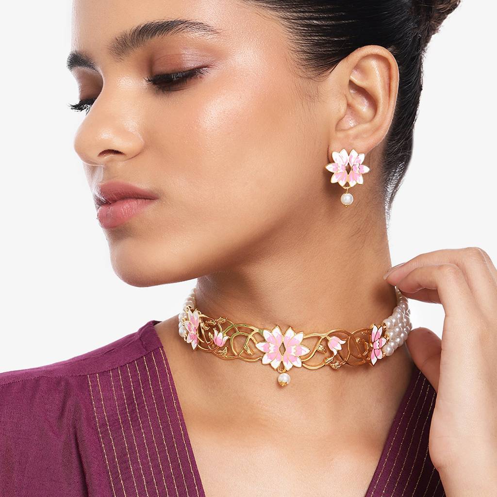 Estele Gold Plated Latest Lotus Designer Pearl Choker Necklace Set With Pink Enamel For Girl'S & Women : 10189-IGNKER