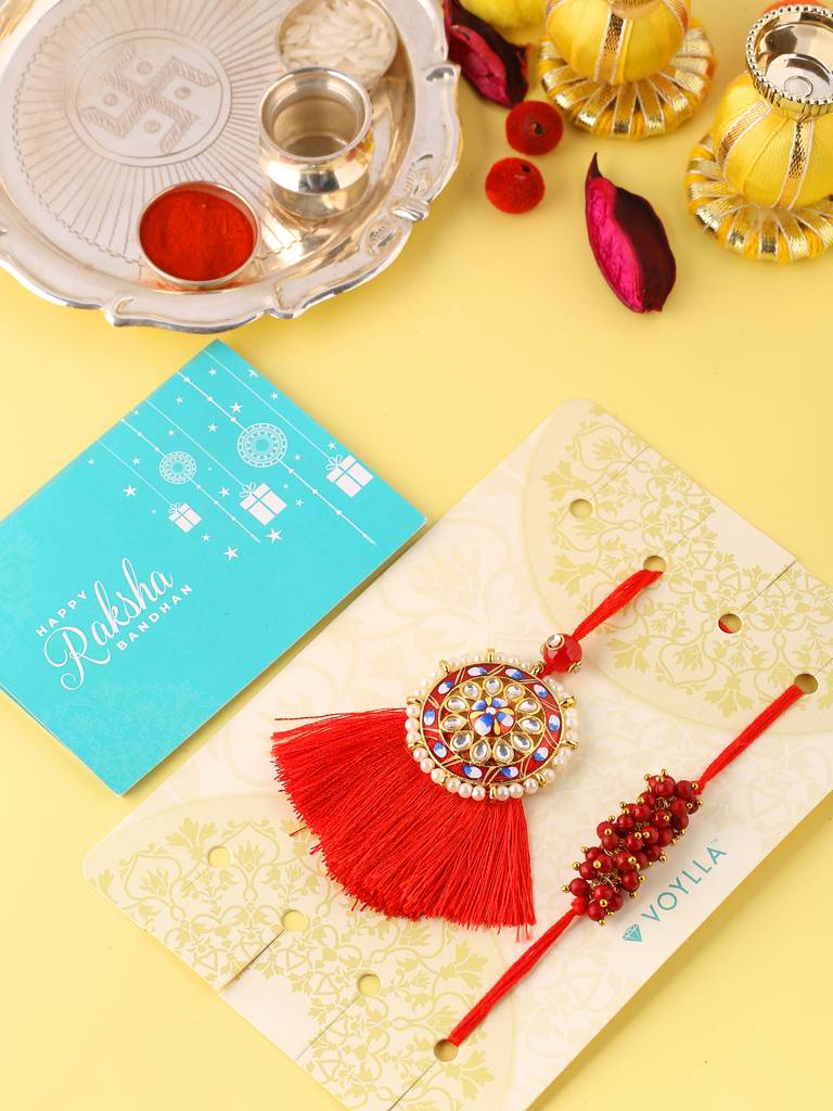 Eternz Certified Jewellery - Voylla Designer Bhaiya Bhabhi Rakhi Set With Roli Chaawal Pack